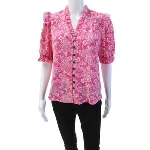 Cefinn Womens Button Front Short Sleeve V Neck Floral Silk Top Pink White Size 6